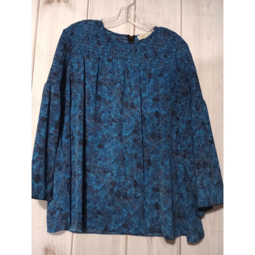 Michael Kors Blue Black Abstract Dot Smocked Yoke Blouse Top Large